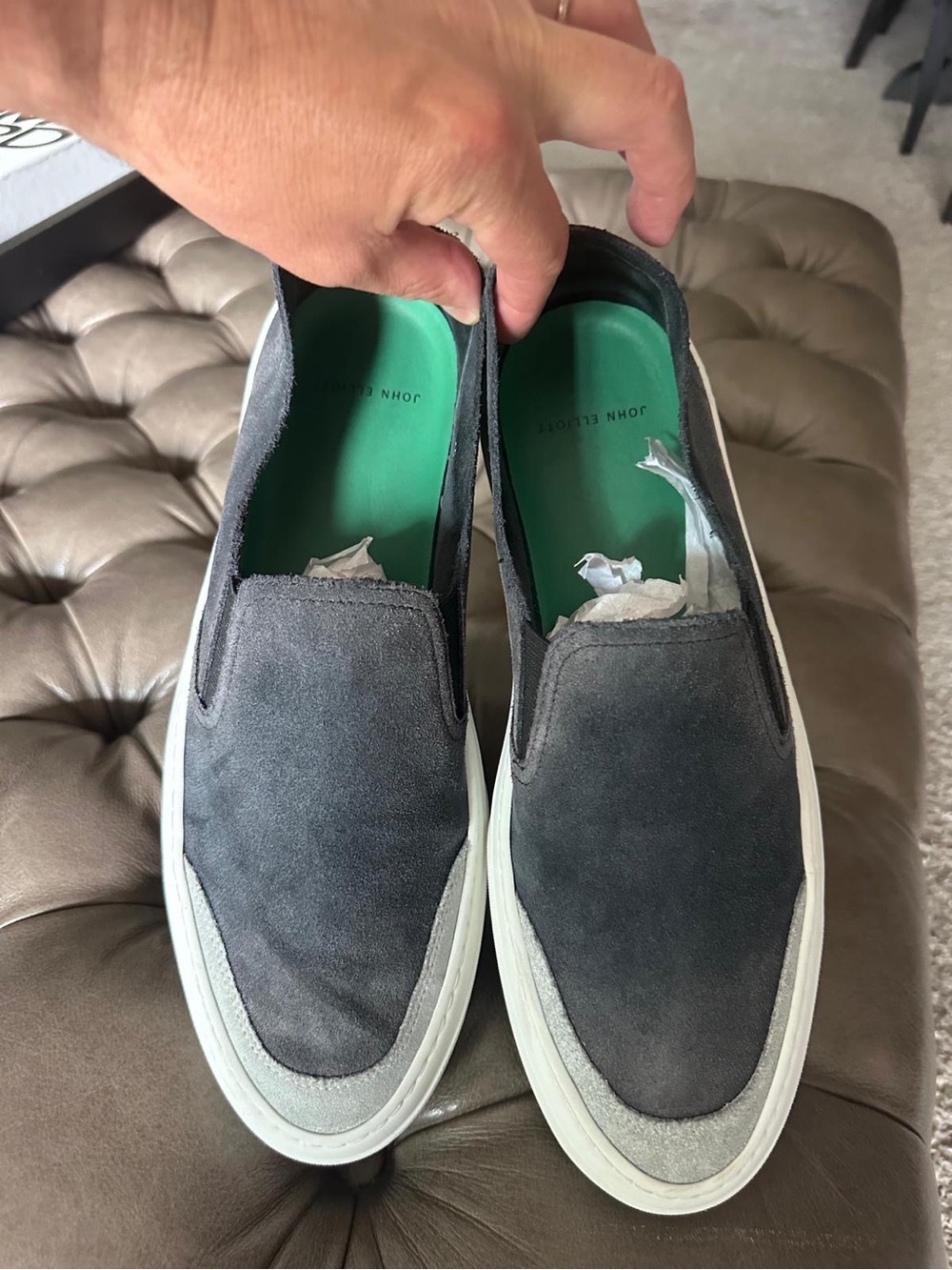 John Elliott Charcoal Suede Slip-On Sneakers with Green Insole